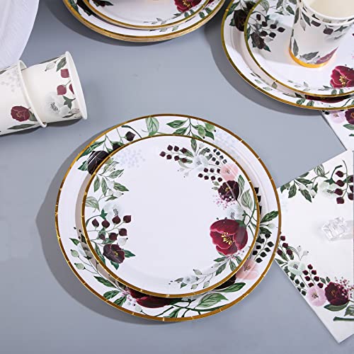 200Pcs Floral Party Supplies And Decorations Disposable Floral Paper Plates Gold Foil Greenery Party Supplies For Wedding Bridal Shower Birthday Baby Shower Garden Tea Theme #TOP3