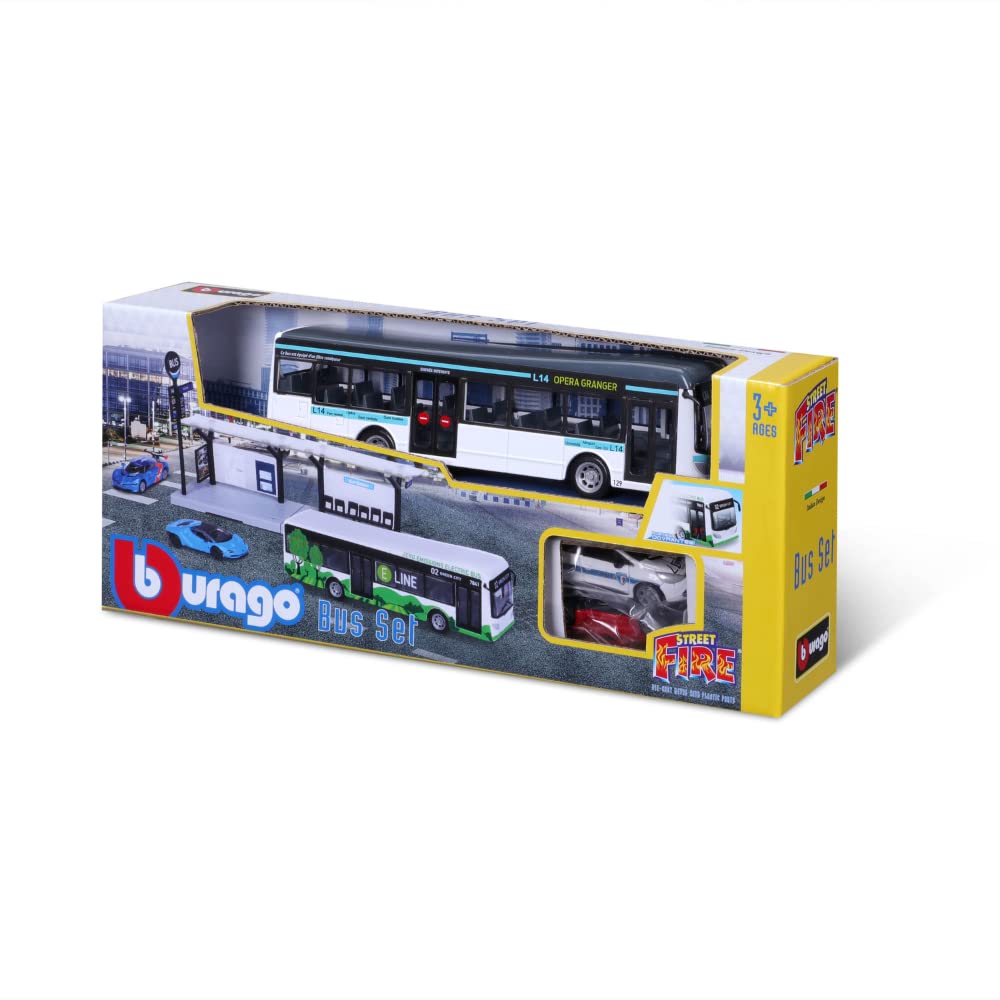 BBURAGO 1/64 TRASPORTI PUBBLICS - Playset City Bus + Station + 2 veicoli, blu o verde