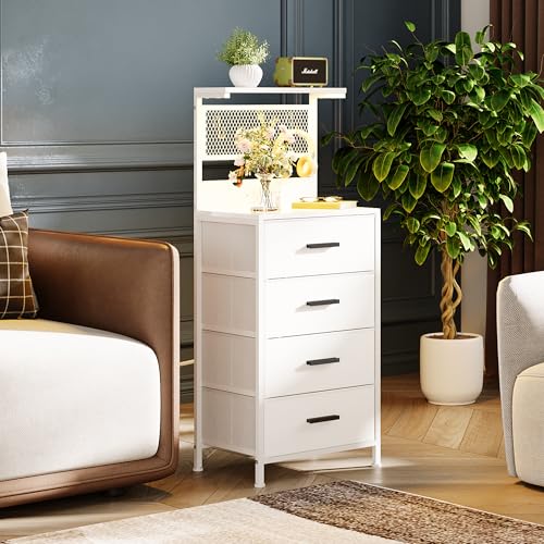 White Nightstand with LED Lights & Charging Station, 4 Drawer Dresser & Mesh Shelf Hooks