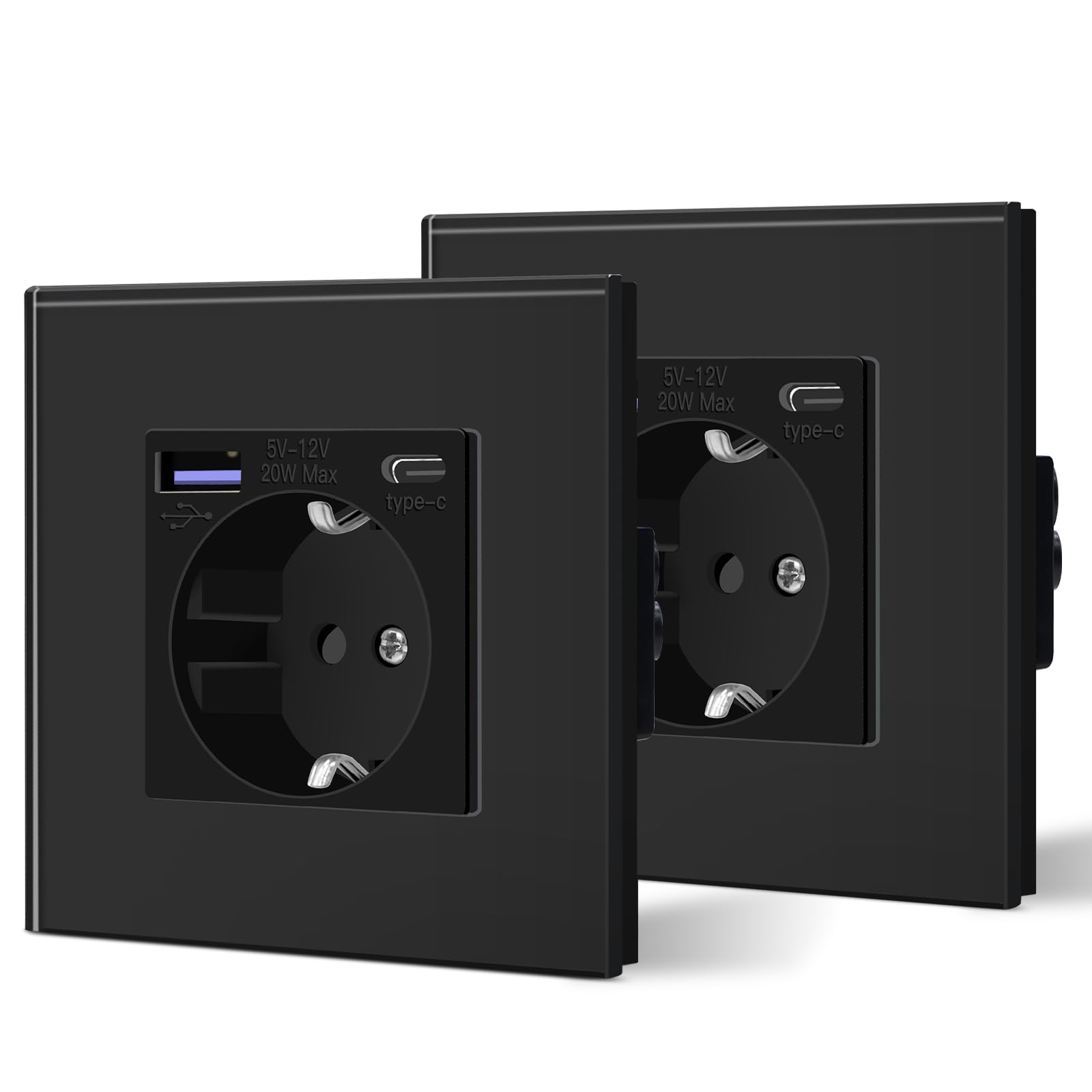 BSEED Steckdose aus Glas mit 20W USB C, Schnellladegerät Wandsteckdose, 3 in 1 Unterputz Steckdosen, Einfache Installation, 240V 16A, 86mm 1 Fach Schwarz, 2 Pack