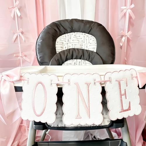 Image of Pink and White Bow ONE High Chair Banner for Girl First Birthday High Chair Banner Sweet One Pink Bow 1st Birthday Decorations