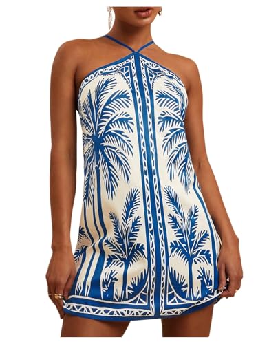 MakeMeChic Women's Tropical Print Halter Dress Tie Backless Spaghetti Strap Boho Short Dresses