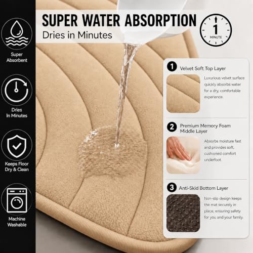 Image of Premium Memory Foam Bath Mat | 40x60cm Super Absorbent Velvet Bathroom Rug | Non-Slip Machine Washable Floor Mat (Sand Camel)
