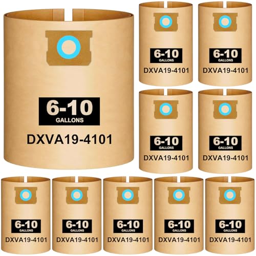 10 Pack DXVA19-4101 Vacuum Bags For DEWALT 6 8 9 10 Gallon Wet Dry Shop Vac; 6-10 Gallon Bags for DXV06P DXV09P DXV09P-QT DXV10P DXV10S DXV10SA High Efficiency Disposable Dust Filter Bags
