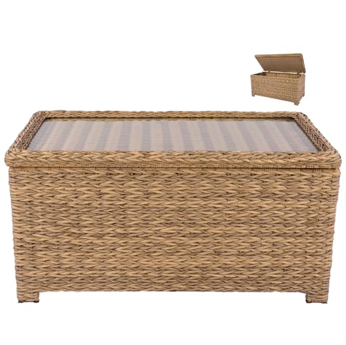 Krikacy Laguna Point 40'' Outdoor Wicker Coffee Table w/Flip-Top Storage, HDPE Rattan Patio Center Table with Tempered Glass Top, Tan