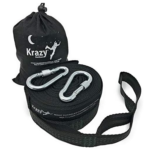 Krazy Outdoors Night Guardian Hammock Tree Straps - Black with Dark Green Stitching - Heavy Duty - 21 Multi-Loop Adjustment System - 100% Polyester Webbing Quality Straps - 1500 lbs Weight Capacity