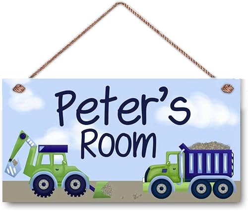 Letrero de madera para colgar en la pared, diseño de camión de construcción azul y verde, para dormitorio, bebé, cuarto de bebé, decoración