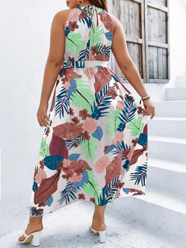 Image of Floerns Women's Plus Size Boho Sleeveless Halter Neck Tie Back A Line Long Dress
