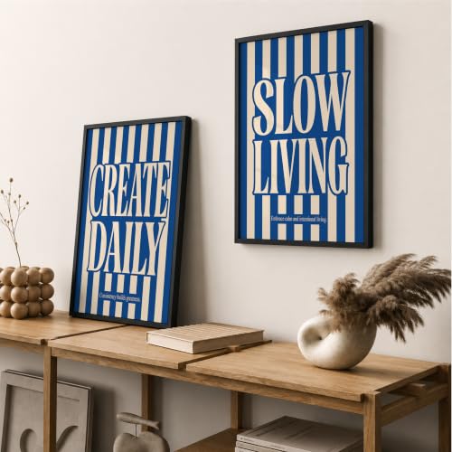 Image of Suneree Slow Living Create Daily Wall Art Set of 2 Framed Paintings | Blue Striped Typography Motivational Poster | Office Bedroom Home Decor (Art 22, 10x13 Inches, Black)