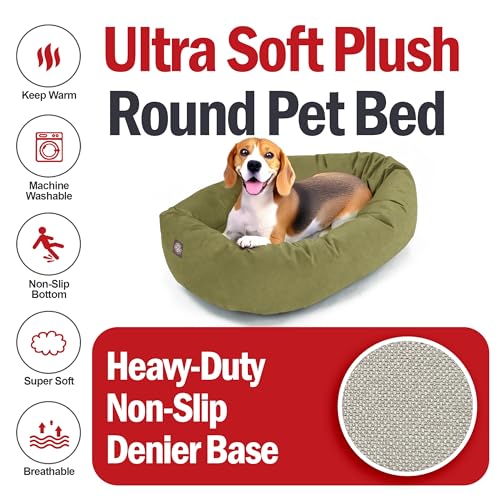 Image of Majestic Pet Suede Shredded Memory Foam Mix Calming Dog Bed Washable - Cozy Soft Round Dog Bed with Spine for Head Support - Fluffy Donut Dog Bed, 32 Inch, Sage