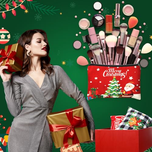 Kacctyen 16 Pcs Christmas Makeup Bag Gifts Bulk Cosmetic Bag with Zipper Santa Snowman Red and Green Travel Make up Pouch Portable Storage Pouch for Women Xmas Party Accessories(Christmas)3
