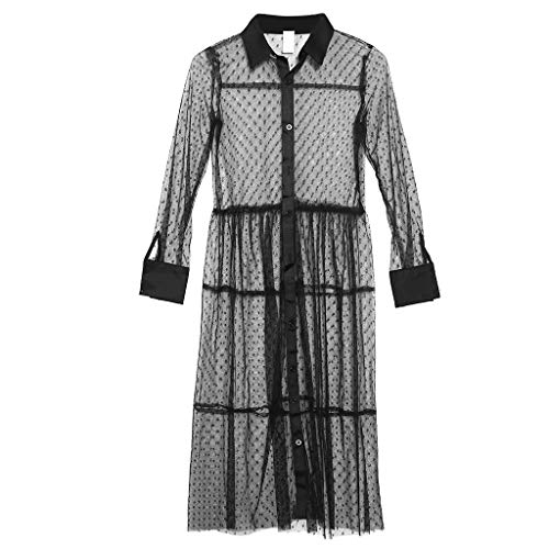 Womens Summer Polka Dot Transparent Sheer Mesh Maxi Long Dress Lapel Collar Button Down Flared Casual Lace Beach Cover Ups-Black