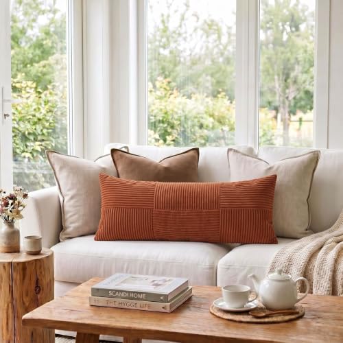 Image of Fancy Homi Set of 2 Rust Boho Long Lumbar Body Decorative Throw Pillow Cover 14x36 Inch for Bed Couch Bedroom Bench, Soft Patchwork Corduroy Textured Pillow Case, Rustic Farmhouse Room Decor