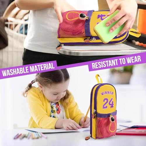 Image of DEOXY Polyester Large Capacity Pencil Pouch with 3 Zippers & 5 Compartments - Waterproof Standing Pencil Case with Metal Zipper + Football Charm & Coin Pouch (Idol), Yellow