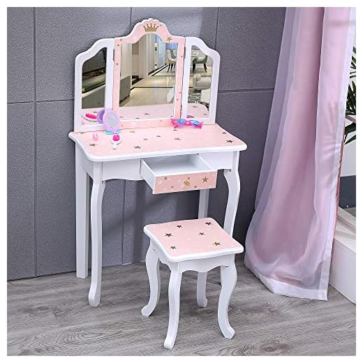 Nromant Kids Vanity Table and Chair Set, Girls Vanity Set with Mirror and Stool, Tri-Folding Mirror, Makeup Dressing Princess Table with Drawer, Kids Vanity Set with Mirror Age 4-9