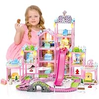 Princess Doll House for Girls, Dream Dollhouse with Track Car Toy Set, Dolls, Pets, Lights, Furniture and Accessories, Toddler Doll House Playset Gifts for 3 4 5 6 7 8 9 10+ Year Old Girls Toys, Pink