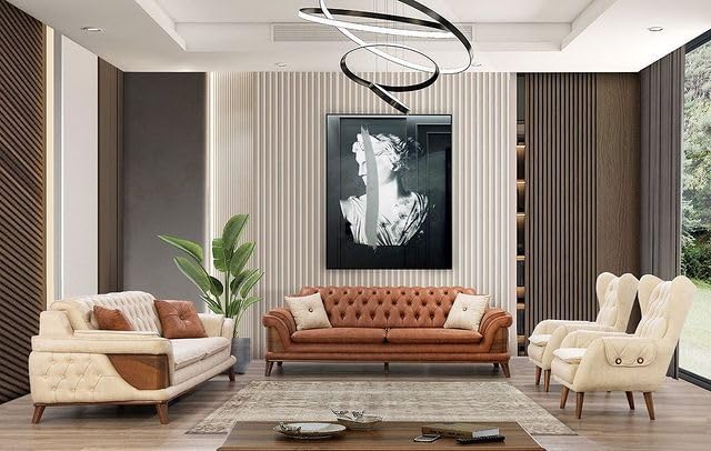 FUNTERIOR Blazemochi 3+3+2 Wing Chair 8 Seater Suede Fabric Wood Brown and Off White Sofa Set for Living Room.