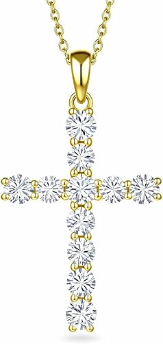 KNIGHT S STORE Sterling Silver Cross Necklace for Women – Yellow Gold Plated CZ 