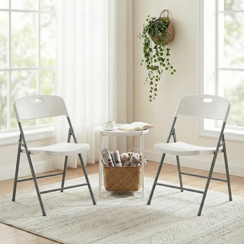 Image of DUMOS 2 Pack White Folding Chairs, Plastic Portable Stackable Dining Chairs with Metal Frame, for Indoor Outdoor, for Home and Office, Conference, Party, Event, Wedding, Birthday, White