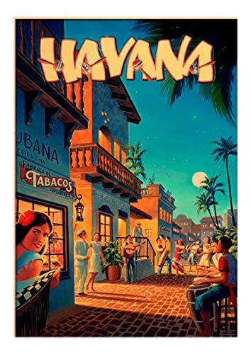 WJWGP Voyage à Cuba La Havane Affiches Vintage Murale Tableaux Danse Personnes Paysage Toile Tableau Peinture Mode Art pour La Decoration IntéRieure Tableaux 40x60 Cm Pas De Cadre