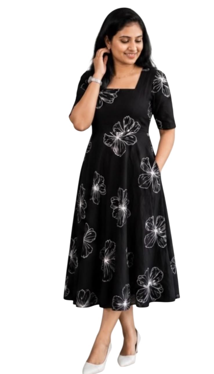 Women's Black Floral Print Midi Dress with Square Neck-picture-51