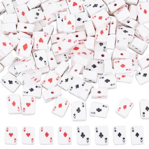 DICOSMETIC 200Pcs Polymer Clay Rectangular Beads, White, Playing Card Pattern, 9mm x 7mm x 4.5mm, Craft Bead