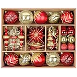 SHareconn 80pcs Christmas Balls Ornaments Set, Contemporary Light Luxury Gift Set, Shatterproof Plastic Decor for Xmas Tree Holiday Wedding Party Decorations with Hanging Strings, Red and Gold