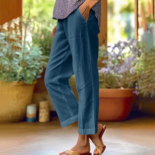 Cotton Linen Pants Women Plus Size High Waisted Cropped Lounge Trousers Casual Summer Wide Leg Beach Pant2