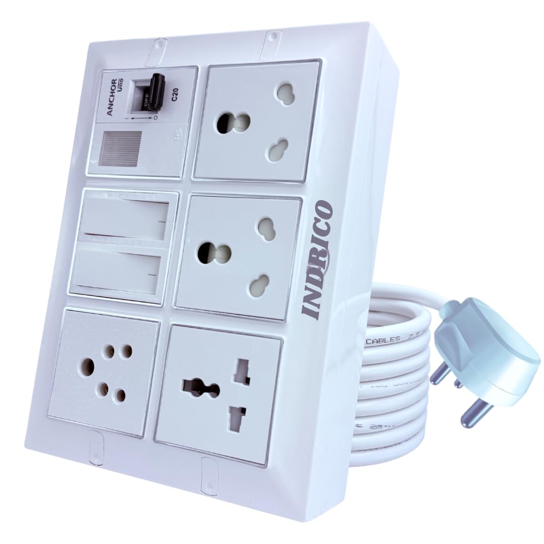 INDRICO 16amps Multi Socket Extension AC Switch Board 15amp with MCB 20A 15A 6A Multi Outlet Box Plug with Copper Cord Heavy Duty Wall Mounted White Pack of 1 (1.5 Meter 1.5MM (2200W))-picture-20