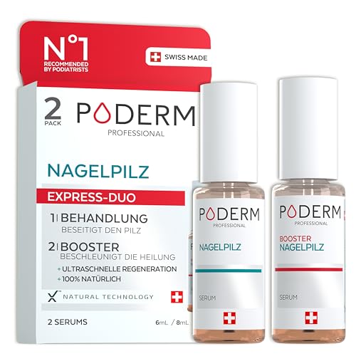 PODERM 2 in 1 Fuß-Nägelpilz-Behandlung Duo-Pack Serum & Booster | Starke und Schnelle Antimykotische Pflege für Gelbe Brüchige und Geschädigte Nägel | Entwickelt von einem Podologen in der Schweiz