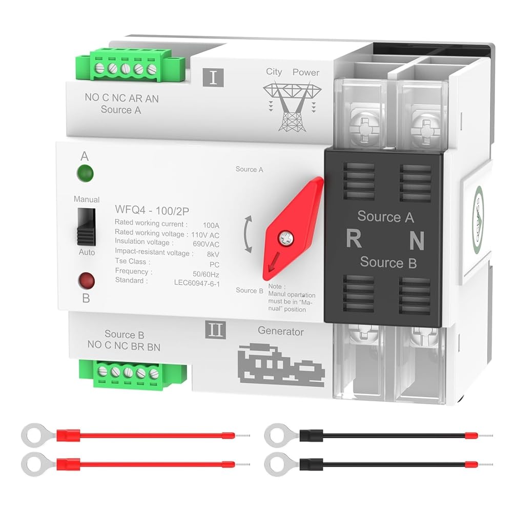Jnchdghwa As Shown Automatic Transfer Switch 100A Dual Power Ats 2P Ac 110V Din Rail Mounting For Home Generator, Rv Public