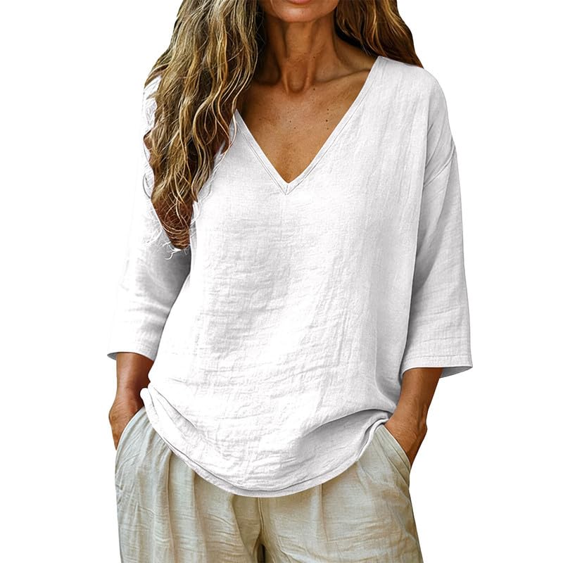 Womens Linen Tops V-Neck Lightweight Gauze Loose Casual Comfortable Spring Summer Tops Plus Size Small to 3XL