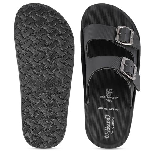 Image of WALKAROO Men's Double Buckle Slide Sandals with Adjustable Straps, Textured Linx Design, Soft Cushion Footbed, Lightweight PU Sole, Daily Wear Sandals- WE1333 Linx Black