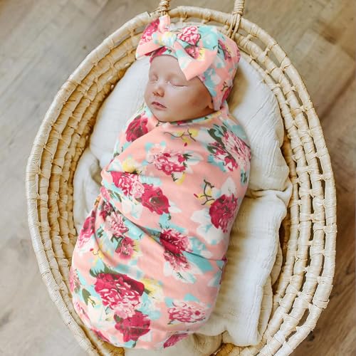 Image of DRESHOW BQUBO Baby Girl Newborn Floral Receiving Blankets with Bow Hat Headband Wooden Birth Announcement Card Set Newborn Baby Swaddling Hats Swaddle Blanket Toddler Warm Shower Gift