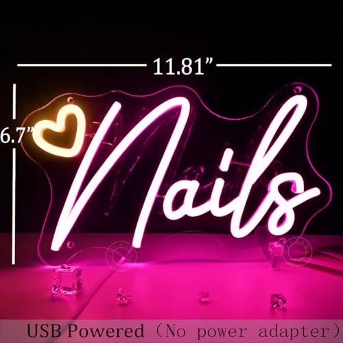 Image of SYLHOME Led Neon Light Sign Nails With Heart Nail Studio Beauty Salon Business Makeup Room Wall Sign Decor Birthday Party Backdrop 11.81 inch X 6.7 inch USB