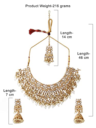ZAVERI PEARLS Gold Tone Kundan Choker Necklace Earring Maangtikka & Ring Set For Women-ZPFK10799 - Image 5
