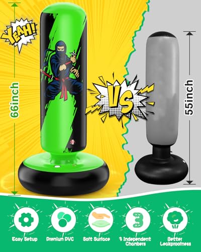 Image of QPAU Punching Bag for Kids, 66 Inch Stable Inflatable Boxing Bag with Boxing Gloves, Stand Kids Punching Bag Toy for Boys & Girls Age 6-12, Boxing Set for Practicing Karate, Taekwondo, MMA