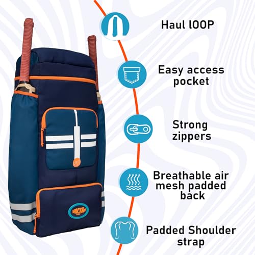 Image of WHACKK Warne 81L Cricket Kit Bag Backpack|Spacious Compartment with Dual Bat, Shoe /Helmet Pockets|Lightweight & Durable Sports kit Bag Navy Orange