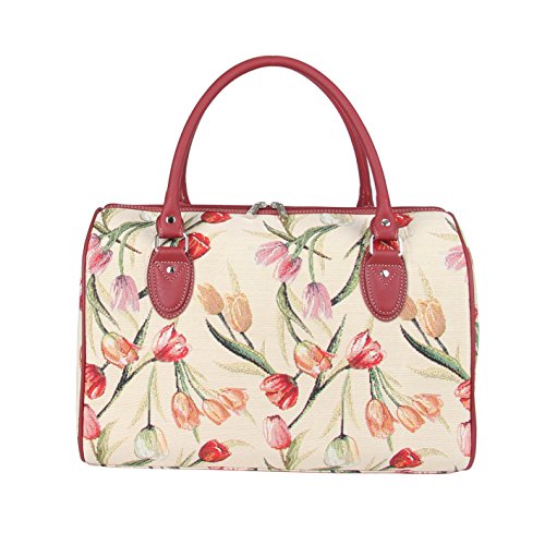 Signare Tapestry Duffle Bag Overnight Bags Weekend Bag for Women with Tulip Floral White Design (TRAV-TULWT)