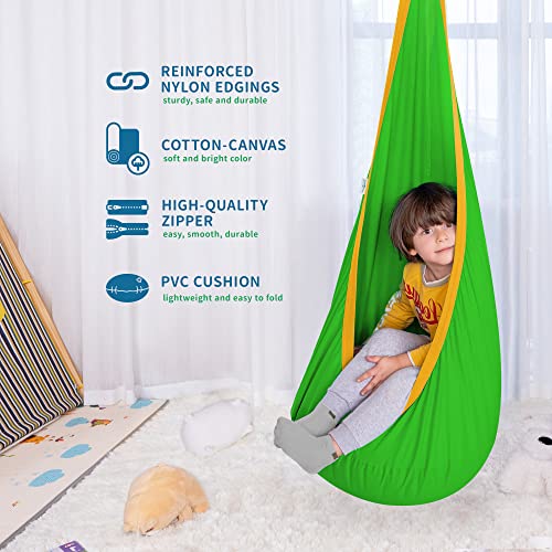 Image of OUTREE Kids Pod Swing Seat, Cotton Child Hammock Swing Chair,Sensory Swing for Indoor and Outdoor Use,Green and Yellow
