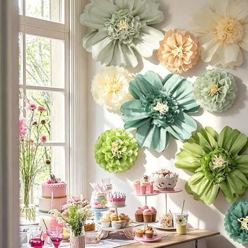 Image of Crowye 12 Pcs Large Colorful Tissue Paper Flowers Decorations Giant Fiesta Craft Crepe Paper Flowers for Wall Decor Backdrop Mexican Wedding Birthday Carnival School Party (10'' 20'',Green Color)
