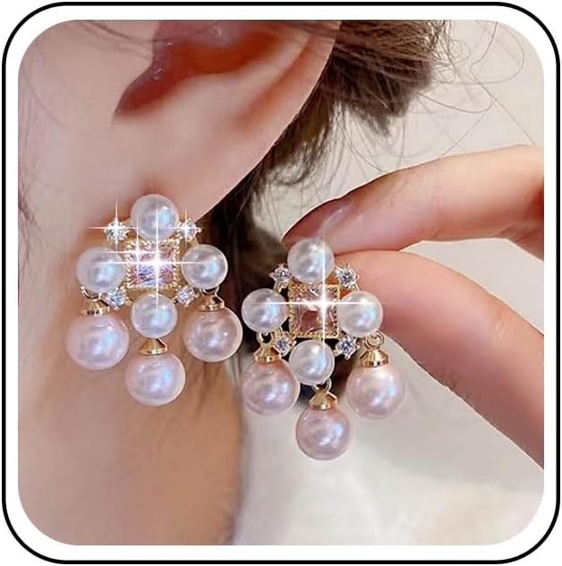 Vintage Crystal Pearl Chandelier Earrings Boho Pearl Tassel Drop Earrings Pearls Cluster Chandelier Earring Gold Cz Pearls Chain Earring Jewelry for Women