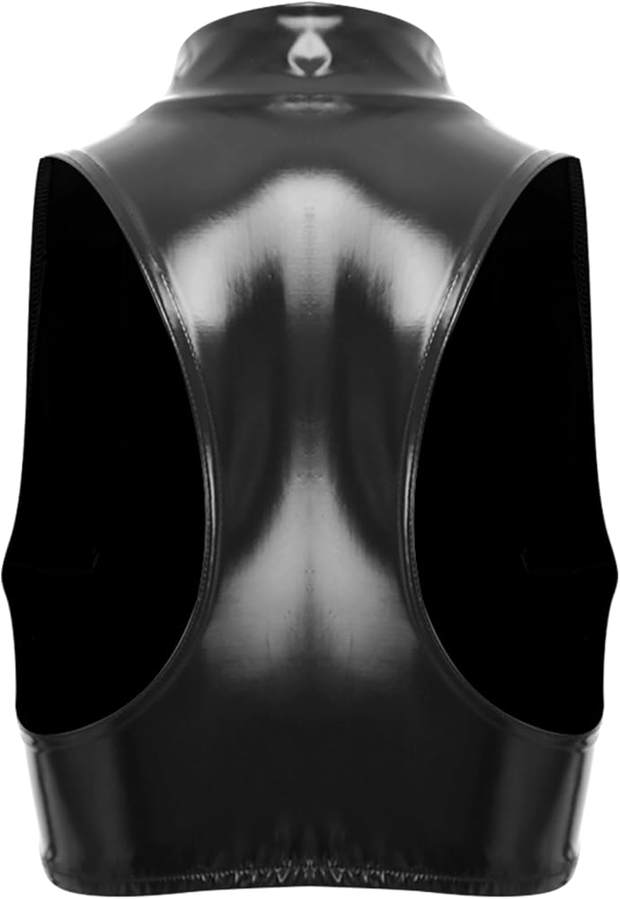 QinCiao Women Wet Look Leather Zipper Crop Top Latex Mock Neck