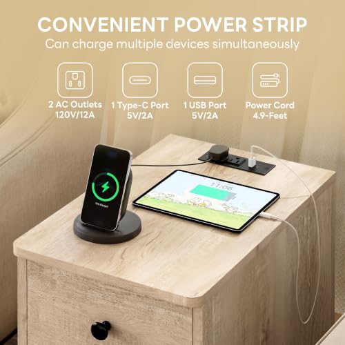 Image of LIKIMIO Nightstand with Charging Station, 3 Drawers Modern for Bedroom