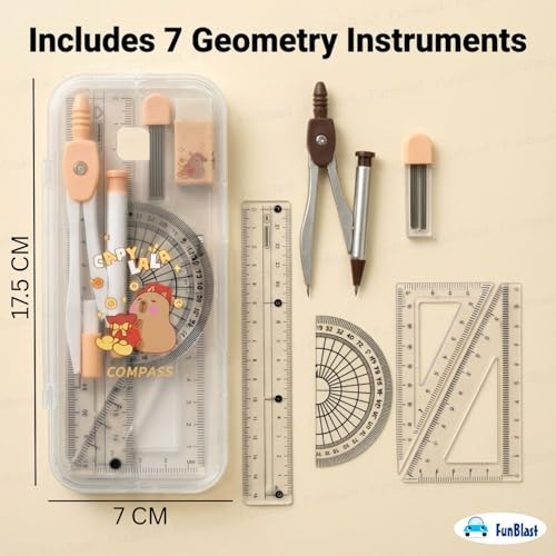Image of FunBlast Capybara Theme Compass Set - 7 Pcs Transparent Geometry Box with Protector, Set Squares, Ruler, Compasses, Ruler Set, Math Geometry Kit for Student & Professional (LightBrown)