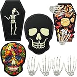 Zhehao 4 Pcs Halloween Serveware Supplies Wooden Coffin Ghost Charcuterie Board Cheese Board Serving Platter Snack Trays with Plastic Skeleton Hands Dinnerware Cookware for Home Party Dinnerware