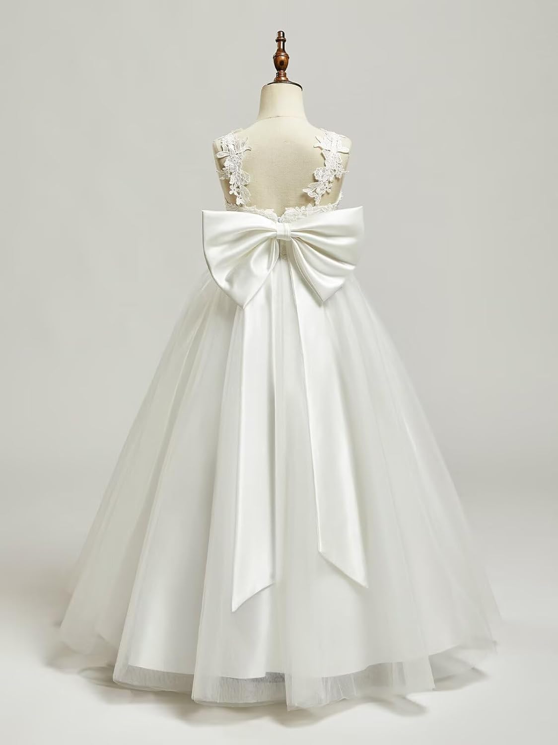 Lace Applique Flower Girl Dress for Wedding Kids Puffy Tulle Satin Long Pageant Princess Dress Bowknot Prom Ball Gowns