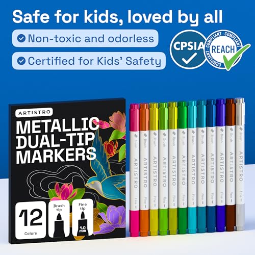 Image of ARTISTRO 12 Metallic Acrylic Paint Markers - Paint Pens for Drawing - For Fabric, Rock, Glass, Wood, Molds - Arts & Crafts Gift for Adults, Teens, Kids, Classroom Must Haves & School Supplies