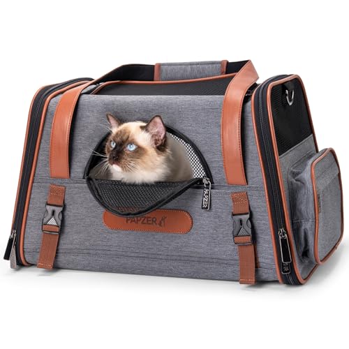 PAPZER Heavy-Duty Premium Pet Carrier, Medium to Large Cat Carrying Bag with Seatbelt Strap Car...