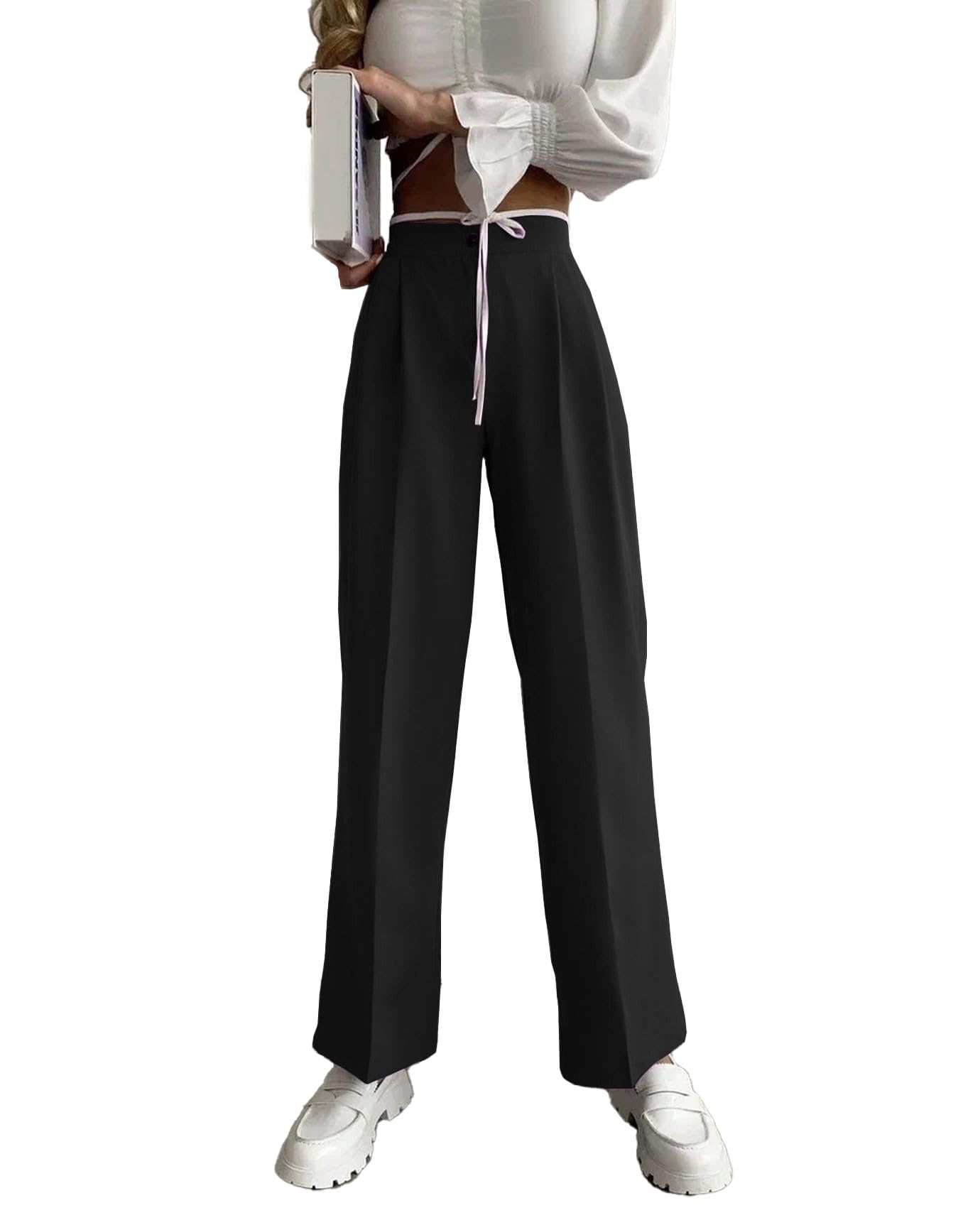 Womens Casual High Waist Dress Pants Pull On Work Business Office Pants Regular Fit Drawstring Stretch Ankle Trouser